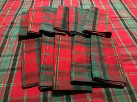 Vintage Christmas Plaid Cloth Tablecloth 76x55 and 11 Matching Napkins 16x16 - £26.70 GBP