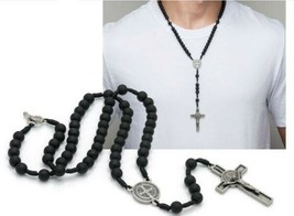 Saint St.Benedict Medal Excorsism Rosary Necklace San Benito Black matte finish - £15.46 GBP