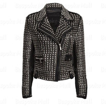 New Womens Brando Style Silver Studded Rivets Punk Motorcycle Leather Jacket-844 - £309.25 GBP