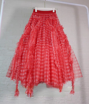 Red Plaid Ruffle Tulle Skirt Women Custom Plus Size A Line Long Tulle Skirt image 3