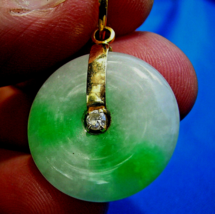 Earth mined Jade Diamond Vintage Deco Charm Vivid Green White Disc Pendant 18k - £1,669.92 GBP