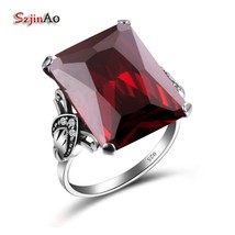 Szjinao Real 925 Sterling Silver Women Ring Garnet Vintage Square Gemsto... - £37.84 GBP