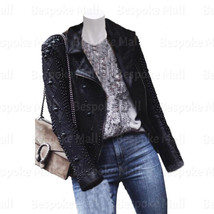 New Handmade Woman&#39;s Full Black Tonal Studded Real Cowhide Leather Jacket-444 - £416.76 GBP