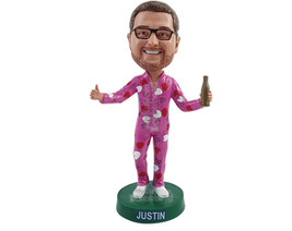 Custom Bobblehead Funny guy wearng a coloful onesie pijama  with a beer bottle   - £71.58 GBP