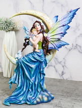 Crescent Moon Lullaby Mother Fairy in Blue Gown Embracing Her Child Baby Statue - £67.30 GBP