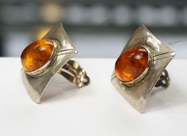 Bold Amber Earrings Clip On Geometric Rhombus Earrings With Sterling Silver Gift - £93.35 GBP