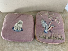 Lot of 2 Handmade Small Antique Needlepoint Embroidered Cat Bird Pillows - £79.13 GBP