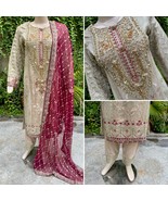 Pakistani Beige Straight Style Embroidered Sequins 3pcs Chiffon Dress,XL - $196.33 CAD