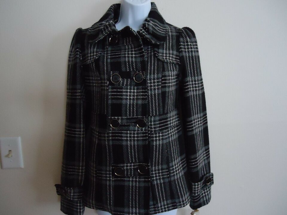 Primary image for Juniors Hydraulic Double Breasted Button Front Lined Plaid Winter Coat Size XS