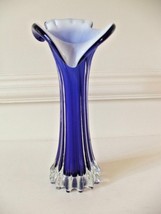 Art Glass Blown Vase Jack in the Pulpit Blue Outside White Inside Ribbed... - $24.74