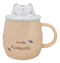 Whimsical Orange Chubby Feline Kitty Cat Cup Mug With Lid And Stirring Spoon - £14.84 GBP