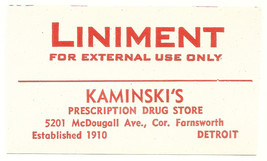 1 Antique Pharmacy Label LINAMENT Kaminsky&#39;s Prescription Drug Store Det... - £18.13 GBP