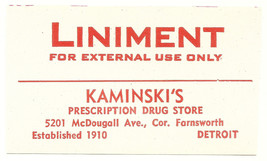 1 Antique Pharmacy Label LINAMENT Kaminsky&#39;s Prescription Drug Store Det... - £14.46 GBP