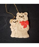 Vintage Saisman Clay Pottery 2 Teddy Bears Red Glazed Bow Christmas Orna... - $9.01