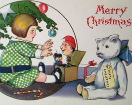 Christmas Postcard Fantasy Seated White Teddy Bear Jack In The Box Stecher 734 F - £15.29 GBP
