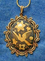 Baroque Black Damascene Enamel Gold-tone Bird Pendant Necklace 1960s vin... - $17.95