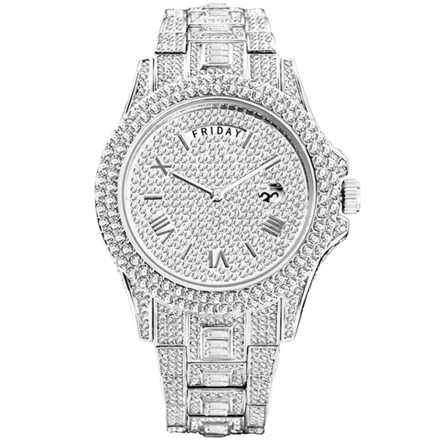 New Day Date Watch For Men Luxury Full Diamond Silver Quartz Wristwatch ... - £73.23 GBP