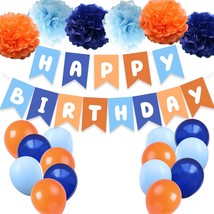Boy Birthday Supplies Light Blue Navy Brown Tan Orange Banner Boho Balloon Pom P - £22.51 GBP