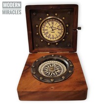 Nautical Brass Compass in Wooden Box With Clock Vintage Antique Table De... - £30.83 GBP