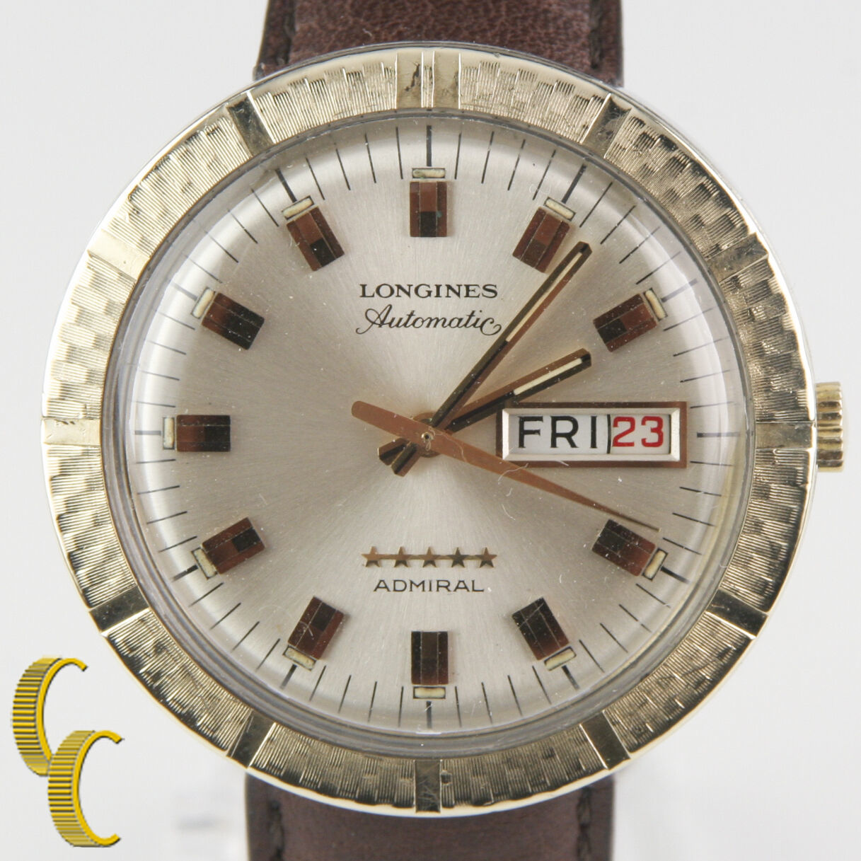 Longines Admiral 10k Gold Filled Automatic Day/Date Watch w/ Leather Band #508 - £827.96 GBP