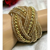 Vintage Gold Tone Beaded Bracelet Cuff Braided Woven Seed Beads - £13.32 GBP