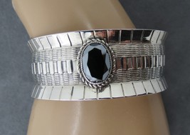 Vintage Danecraft Sterling Bracelet Cuff Textured Oval Black Stone 1&quot; Wi... - $95.00