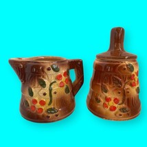 Vtg McCoy Butter Churn Small Sugar And Creamer, Brown Yellow, Red Flower... - $27.12