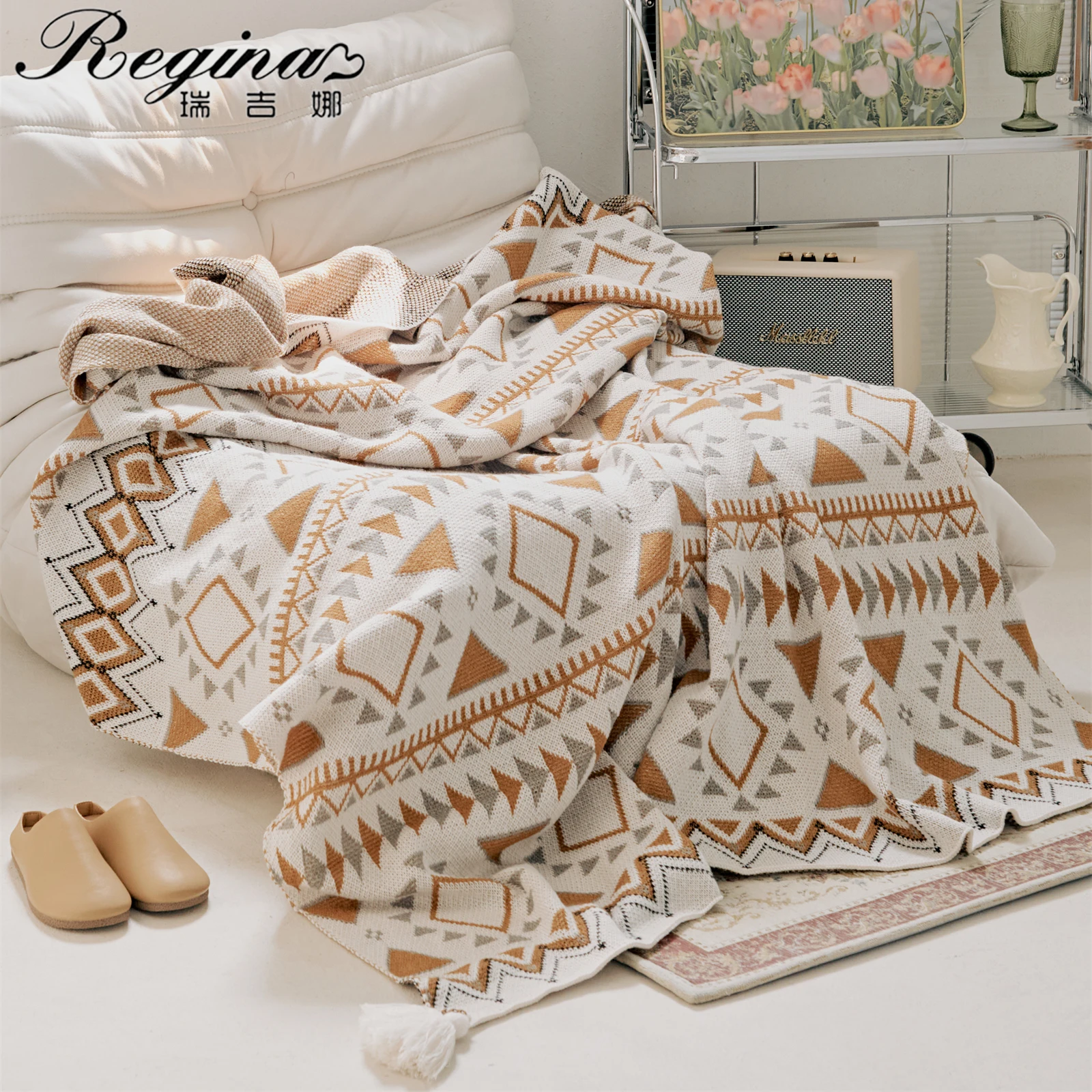 REGINA Brand Boho Geometric Pattern Blankets Summer Thin Breathable Bed ... - £23.53 GBP+