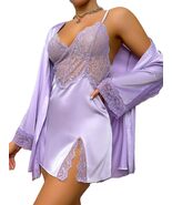 Women's 2 Piece Satin Lingerie Set, Mauve Purple, Spaghetti Strap Dress with Rob - $38.22