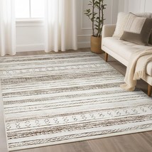 Area Rug Living Room Rugs - 5X7 Washable Large Soft Neutral Boho, Cream Brown - £54.47 GBP