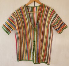 Handmade Crochet Cardigan Boho Multi Color Rainbow Tie Front Womens Cott... - £34.73 GBP