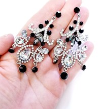 Rhinestone Drop Earrings, Clear Black Crystal Earrings, Gothic Pageant Jewelry,  - £30.03 GBP