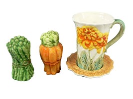 Coffee Cup Coaster Salt Pepper Shaker Garden Design Carrot Asparagus Ceramic - £33.49 GBP