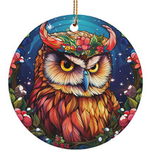 Cute Owl Bird Art Stained Glass Colorful Wreath Christmas Ornament Animal Lover - £12.01 GBP