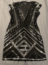 Express Black Silver Sequin Geometric Art Deco Cocktail Dress Size Large - $542.72 MXN