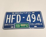Beautiful British Columbia License Plate HFD 494 Feb 1982 Blue White BC - £15.20 GBP
