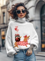 Women&#39;s Dachshund Sending Flower Basket Print High Neck Knit Sweatshirt - $32.00