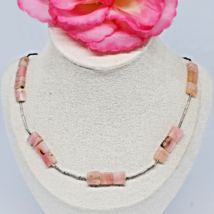 925 Sterling Silver - Square  Pink Agate Beaded Chain Choker Necklace 17&quot; Long - £23.12 GBP