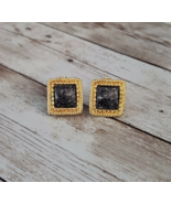 Vintage Clip On Earrings - Black Stone with White Flecks with Gold Tone ... - £11.08 GBP