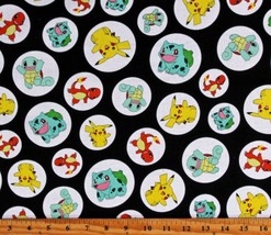 Cotton Pokemon Video Games Characters Circles Black Fabric Print by Yard D187.31 - £10.96 GBP
