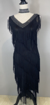 Whitewed Black with White &amp; Rhinestone Neck Fringe Flapper Dress Size0/2 - £18.38 GBP