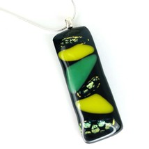 Dichroic Fused Art Glass Green Yellow Black Rectangle Pendant Necklace Chain  - £22.44 GBP