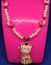 Pink Pearl and Chunky Heart Bead Cat Pendant Necklace (Ver. 2) 21&quot; - £5.55 GBP