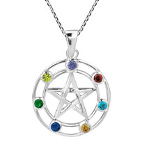 Wiccan Pentagram Colorful Cubic Zirconia Druid Sterling Silver Necklace - £22.09 GBP