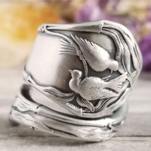Vintage Love Birds Adjustable Chunky Spoon Ring Silver - £10.64 GBP