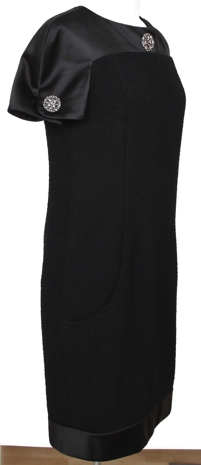 Primary image for CHANEL Black Dress Satin Shift Cap Sleeve Gripoix Sz 38 Pre-Fall 2015