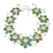 Sublime Floral Green Aventurine-Freshwater White Pearl Necklace - £69.28 GBP
