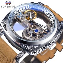Forsining Automatic Self-Wind Men&#39;s Golden Watch Blue Glass Mechanical Skeleton  - £108.06 GBP