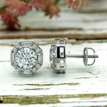 4Ct Round & Baguette Cut Moissanite Halo Stud Earrings 14k White Gold Plated - $107.99