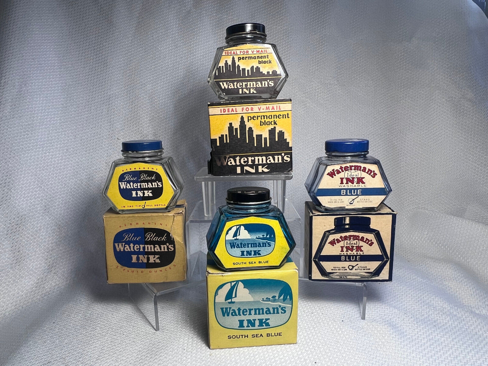 Waterman's Ink Tip Fill Vtg Glass Bottles In Boxes Blue Black South Sea Blue LOT - $39.95